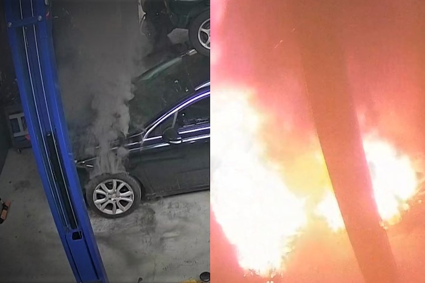 Split image of CCTV still of fire.