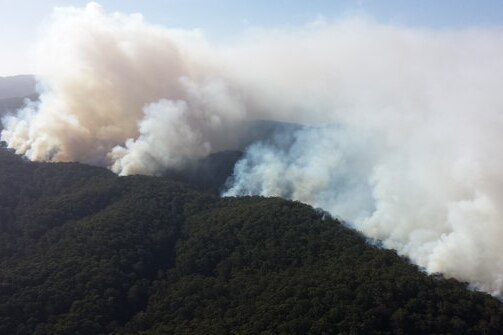 Aerial view of smoke from fires burning at Lorne, Victoria