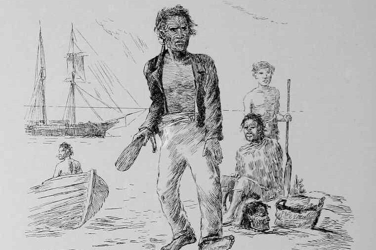 A sketch shows four Maori men with facial tattoos standing by the sea. It's titled "Bargaining for a head".