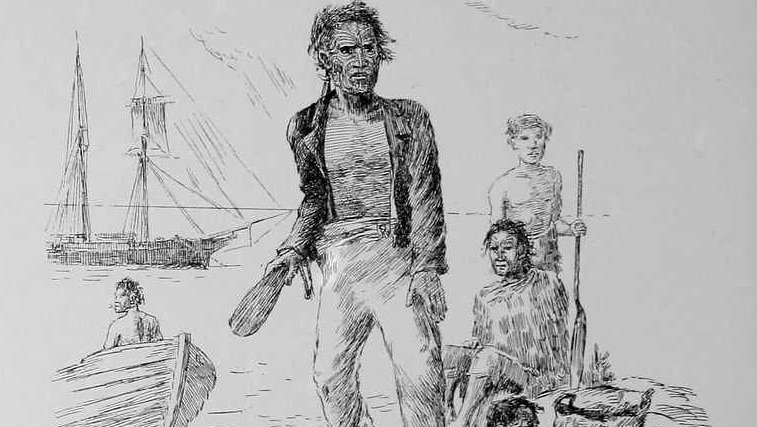 A sketch shows four Maori men with facial tattoos standing by the sea. It's titled "Bargaining for a head".