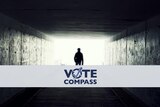 A composite image shows a man walking into the light, with the Vote Compass logo overlaid.