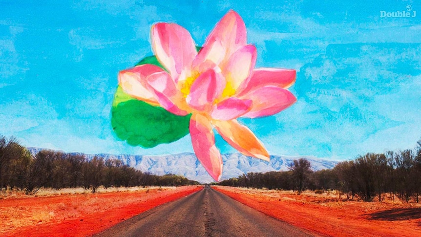 An illustration of a pink native flower in the blue sky above a road surrounded by red dirt with mountains in the distance