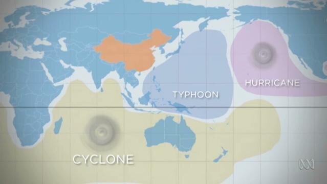 Graphic image of a global map indicating a cyclone, typhoon and hurricane