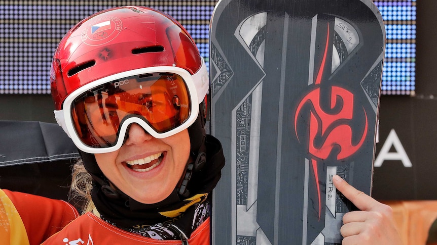 Ester Ledecka with her snowboard