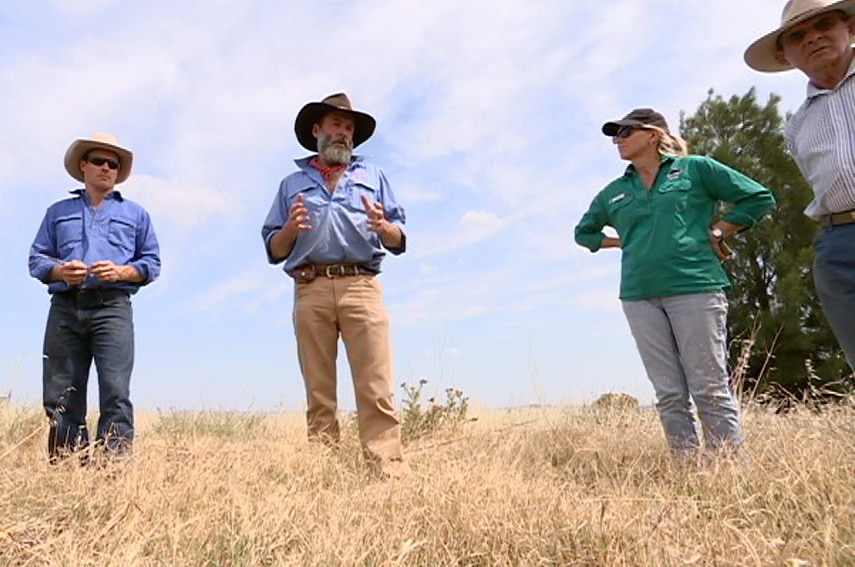 Farmer Charlie Arnott standing in a paddock with three other people from the local Landcare group.