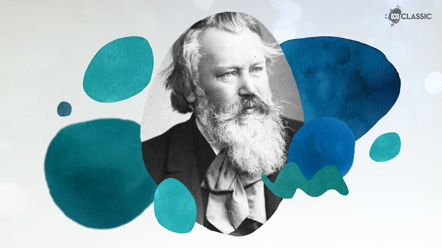 An image of composer Johannes Brahms with stylised musical notation overlayed in tones of teal.