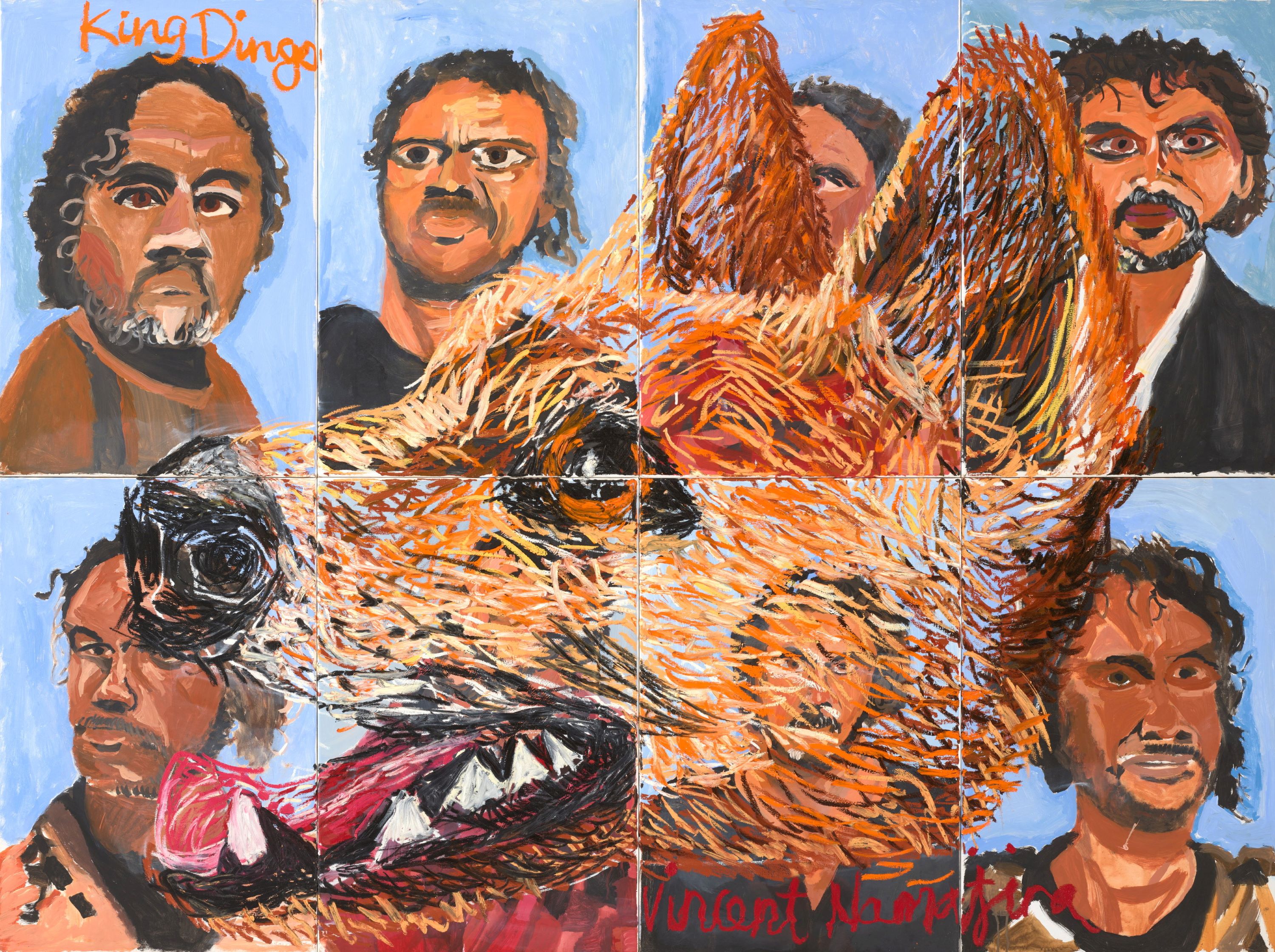 A painting featuring eight portraits of an Indigenous man overlaid with an image of a dingo's head with wiry golden hair