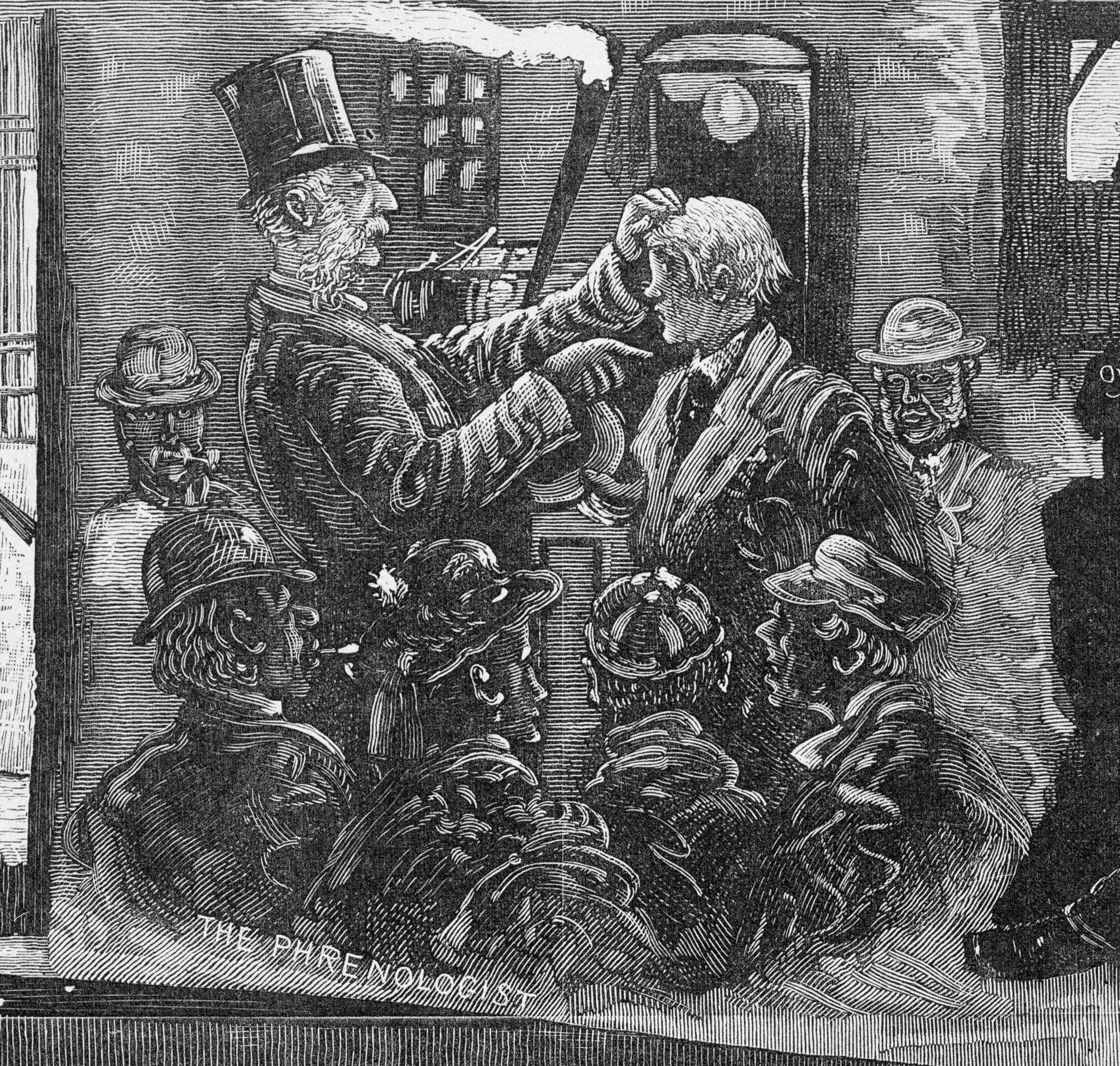 A late 1800s black and white sketch of an old man in a top hat feeling a young man's head as a crowd watches