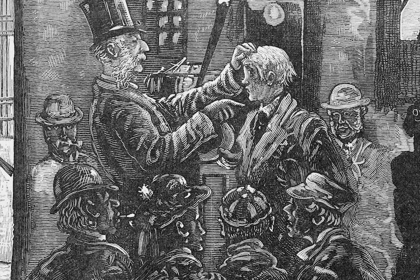 A late 1800s black and white sketch of an old man in a top hat feeling a young man's head as a crowd watches