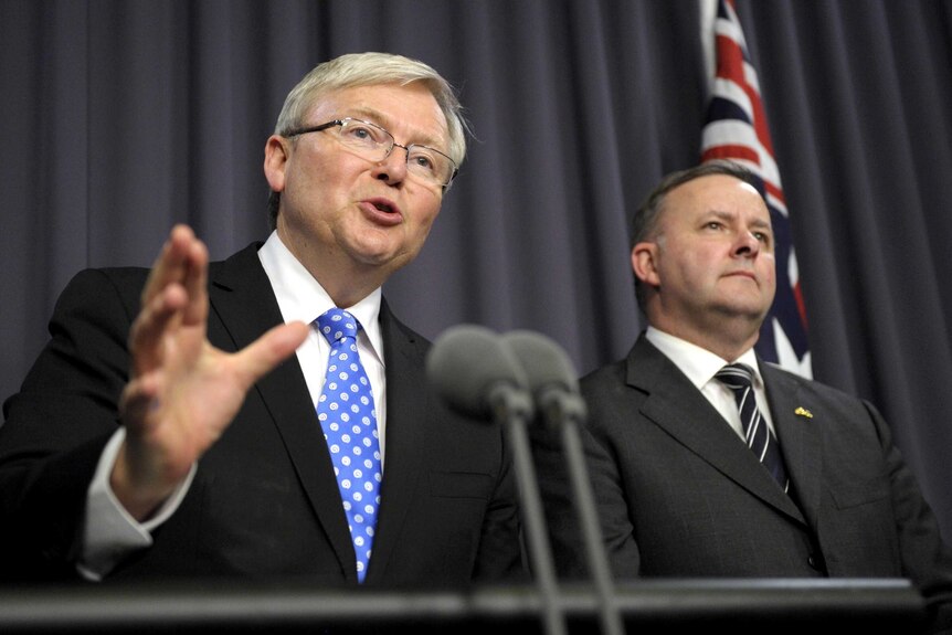 Kevin Rudd and Anthony Albanese at press conference after Mr Rudd won the Labor leadership.