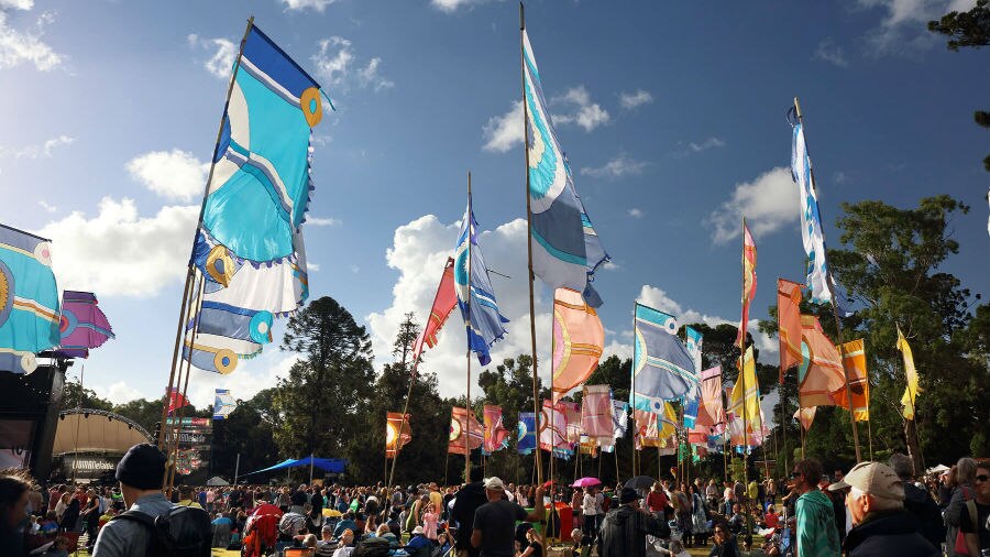 picture of colourful banners flying at womadelaide