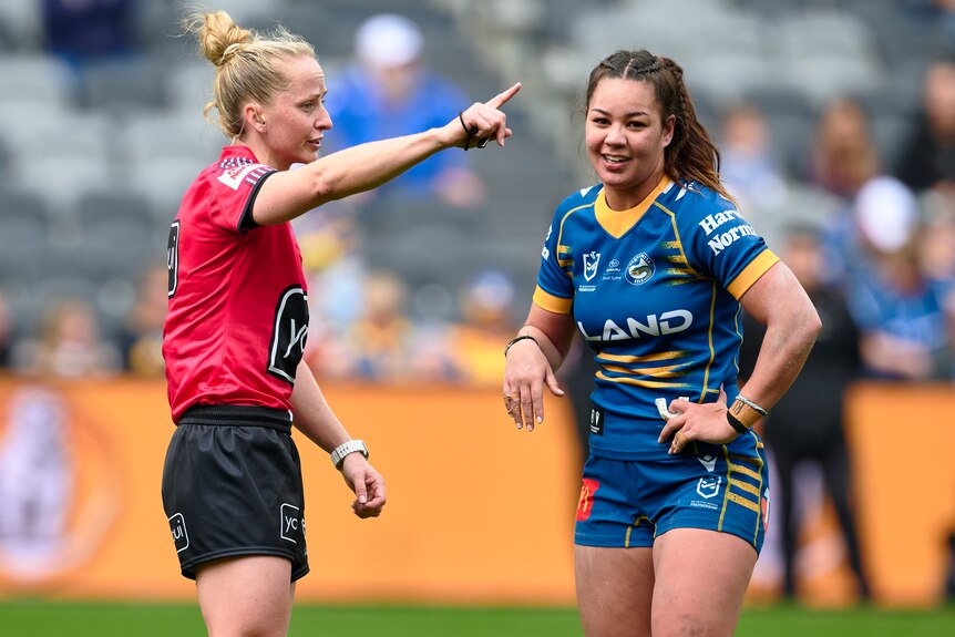 A Parramatta NRLW is sent off by the referee against the Newcastle Knights.