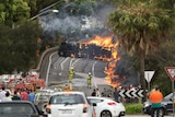 A tanker burns after crashing and exploding at Mona Vale in October 2013.