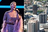 An image of Popstar P!nk singing into a micophone next to an image of the Townsville CBD