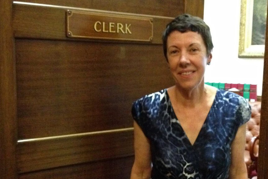 Clerk of the Upper House since 1992, Jan Davis stands in front of the door to her office.