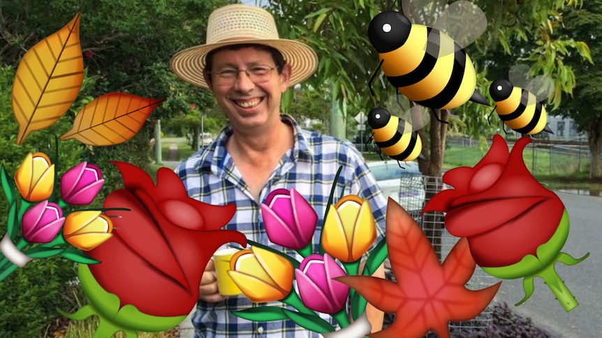 Gardening Australia's Jerry Coleby-Williams surrounded by leave, flower and rose emoji