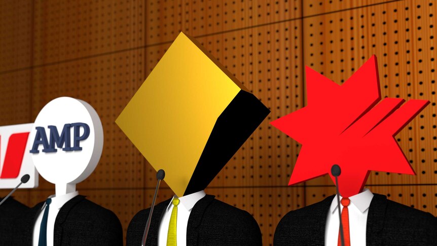 An illustration of suited figures with logos for heads — Westpac, AMP, Commonwealth and NAB are visible.