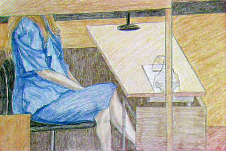 A colour pencil sketch of a woman sitting in a court room in a blue dress.