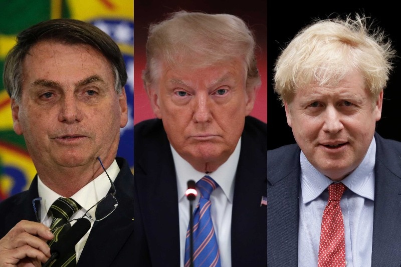Three headshots, showing Jair Bolsonaro, Donald Trump and Boris Johnson.