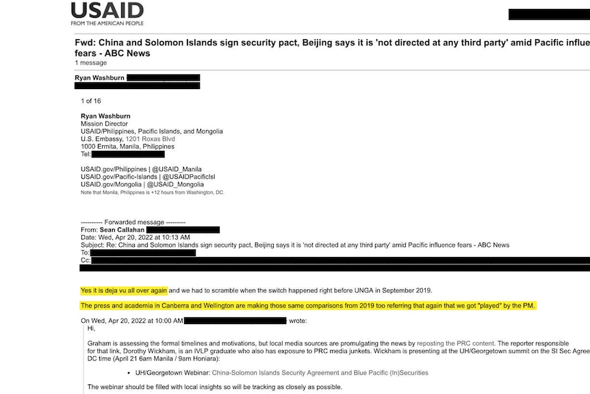 Un extracto de una cadena de correo electrónico de USAID que se refiere a la firma de un acuerdo de seguridad entre China y las Islas Salomón. 