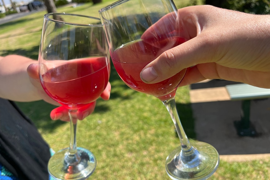 Two hands clinking wine glasses containing a cloudy pink wine