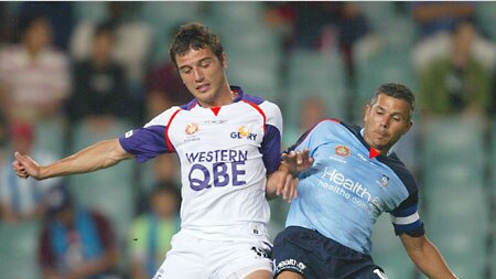 Glory player Billy Celeski and Steve Corica of Sydney FC compete for the ball.