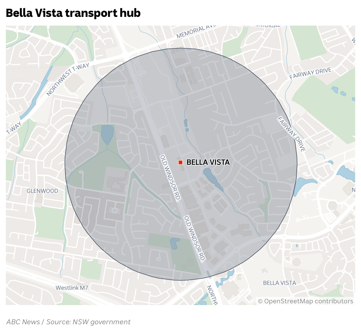 Map showing 1200m zone around Bella Vista station