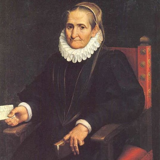 An historic painting of an aged italian woman sitting in a chair