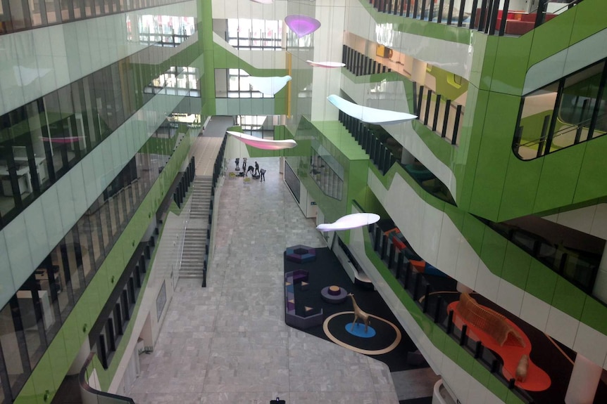 The green and white interior of the Perth Children's Hospital.