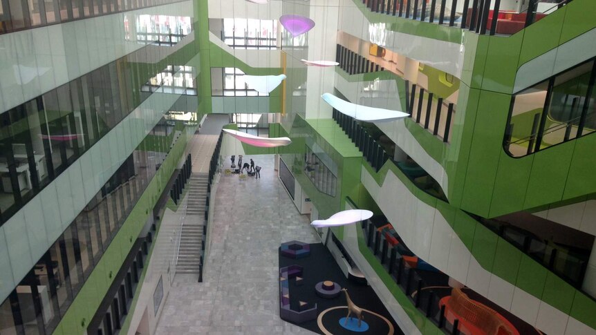 The green and white interior of the Perth Children's Hospital.