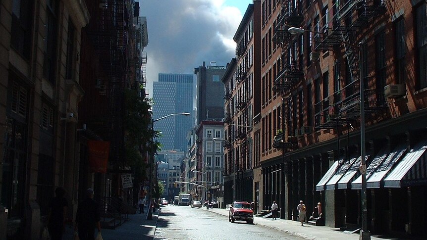 The view down Crosby Street in SoHo as smoke billows from the World Trade Centre on September 11, 2001.