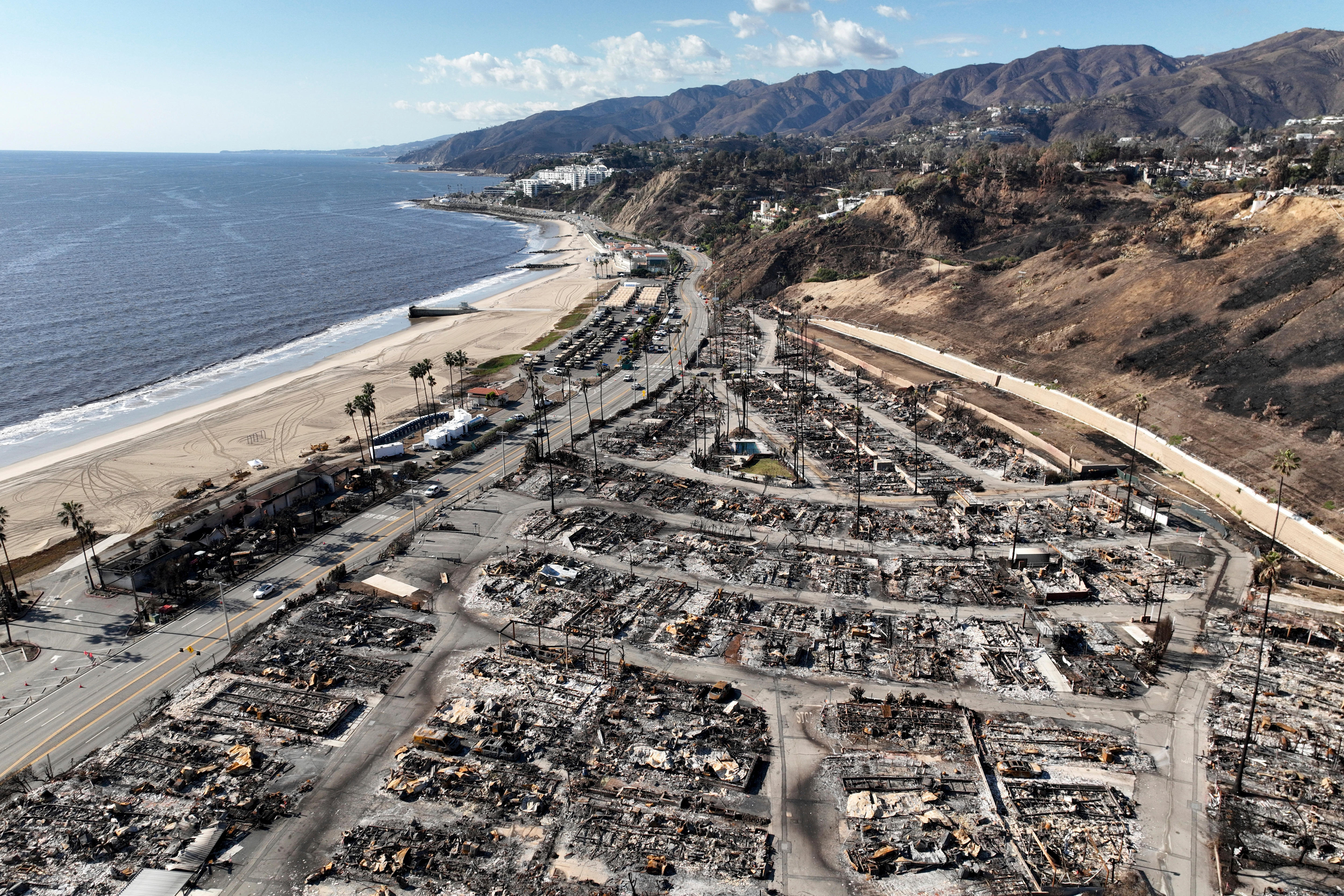 Destroyed Pacific Palisades neighborhood after wildfire