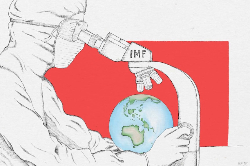 Illustration: Man with mask looking into an IMF microscope.