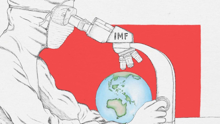 Illustration: Man with mask looking into an IMF microscope.