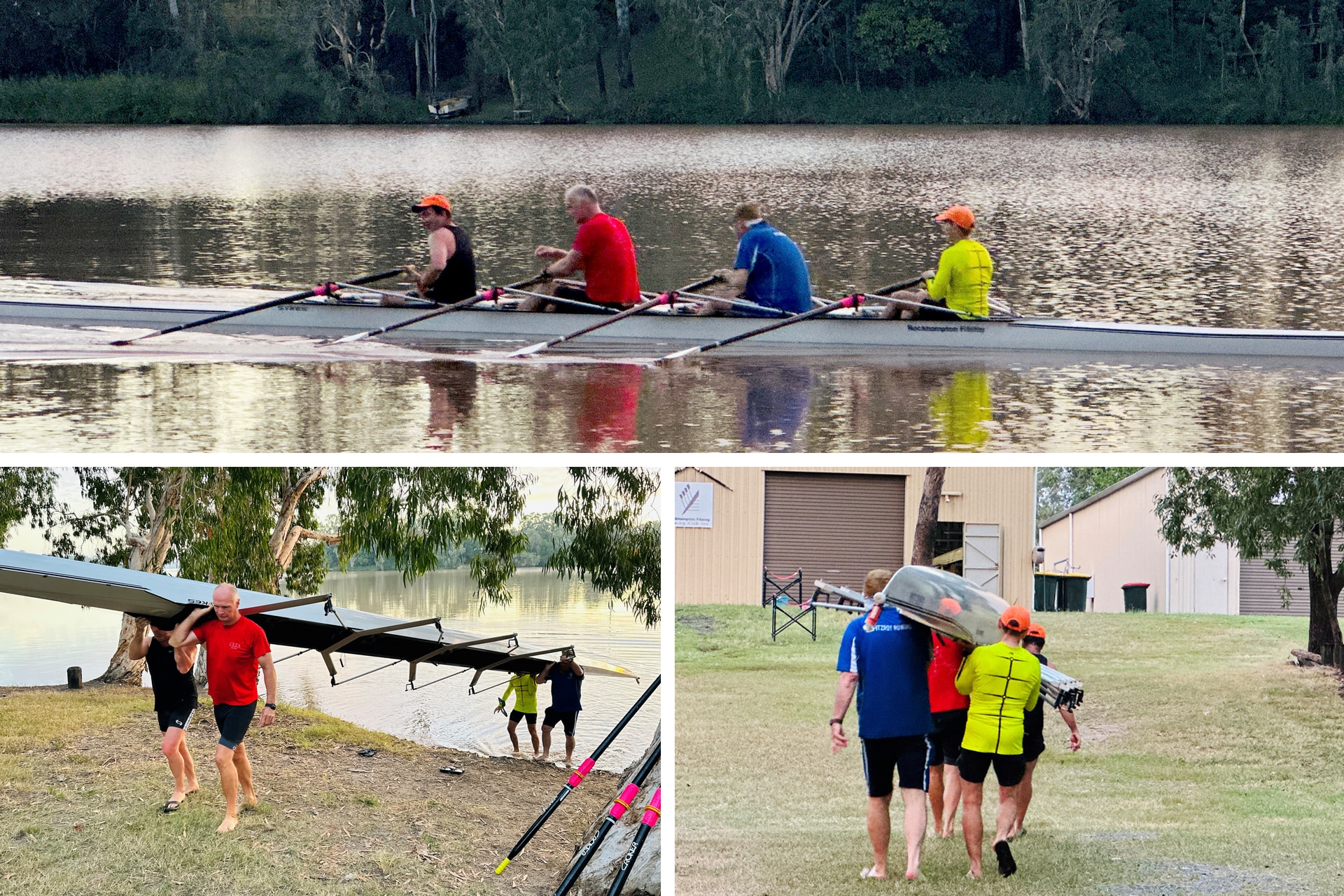 A collage of photos of masters rowing on a river.
