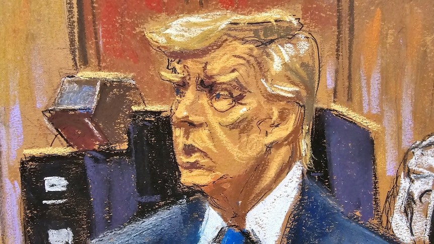 A sketch of Donald Trump in court.