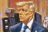 A sketch of Donald Trump in court.