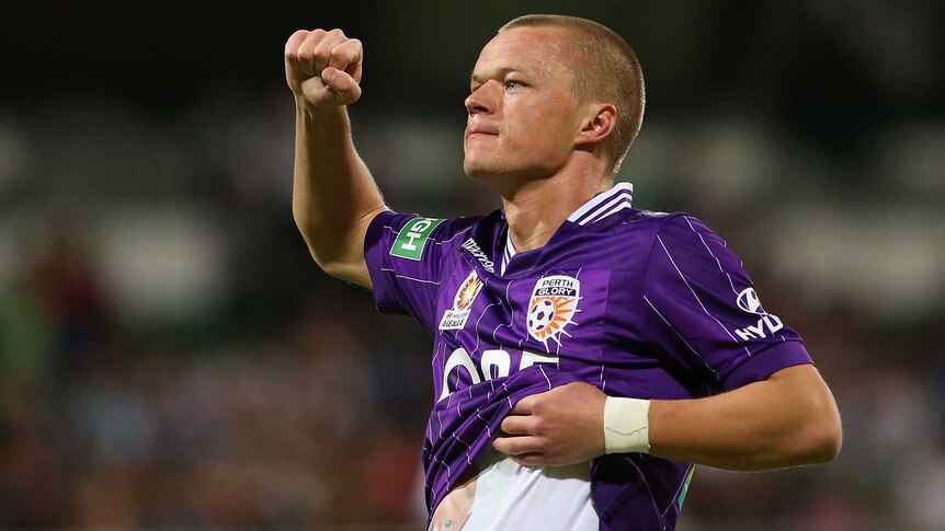 Darvydas Sernas celebrates his goal on debut for Perth Glory against Melbourne Victory.