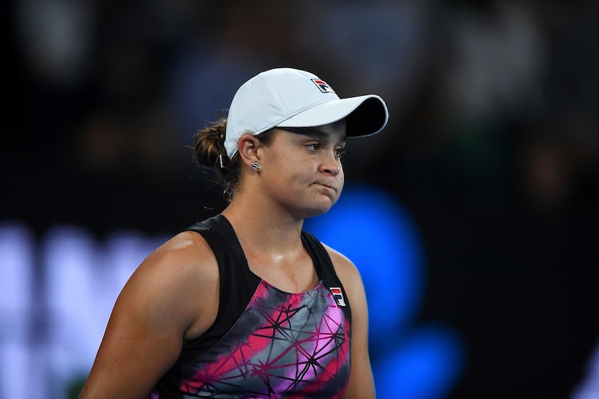 Australia's Ash Barty reacts during her singles match against Mona Barthel at the Australian Open.