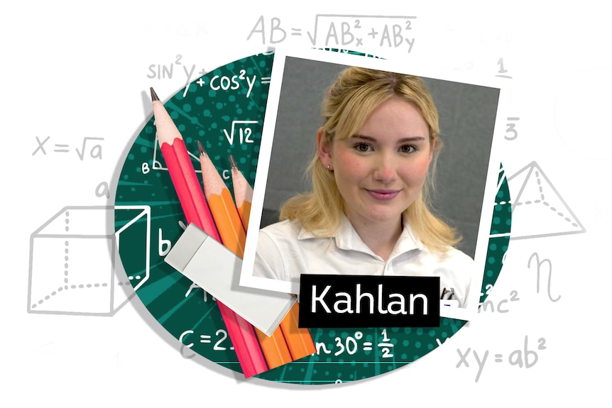 Photo of a smiling girl with shoulder-length blonde hair inside a graphic with maths formulas, pencils and an eraser.