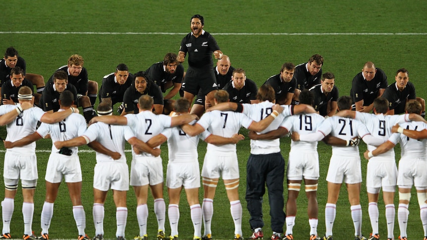 Heavy penalty ... France face up to the All Blacks during the haka (Sandra Mu/Getty Images)