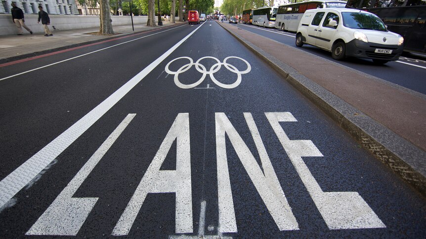 An Olympic lane marked on a London road.