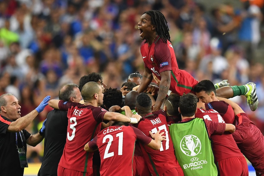 Portugal mobs Eder after Euro 2016 final winner