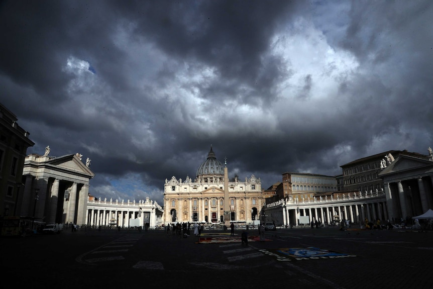 Clouds hang over St Peter's Basilica at the Vatican.
