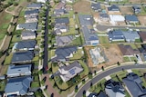 A drone photo of new houses in a suburb, some of which have solar panels of their roofs.