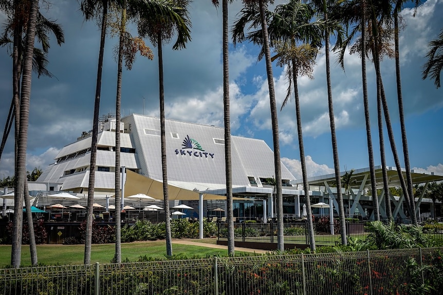 The casino, pictured through palm trees