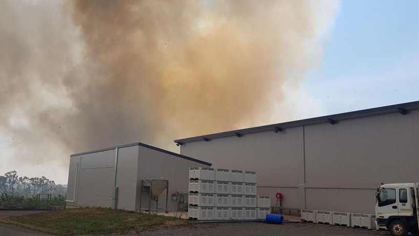 A factory with a plume of smoke behind it.