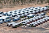 Aerial photo of trucks on the ground at Adani's Carmichael coal mine site in central Queensland.