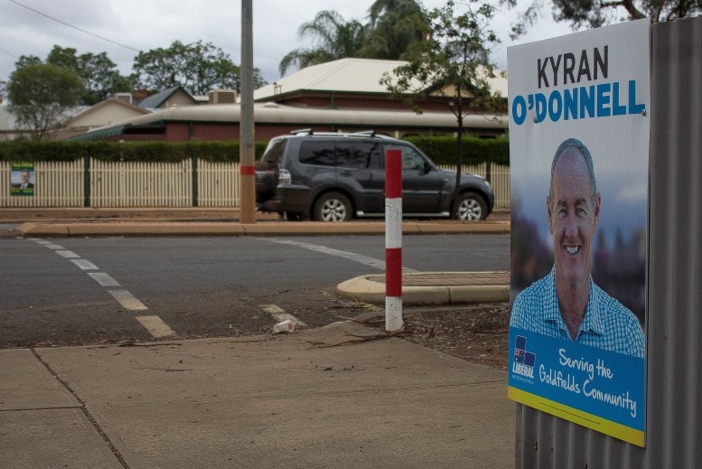 Election corflutes line the fences of homes in Lamington, Western Australia.
