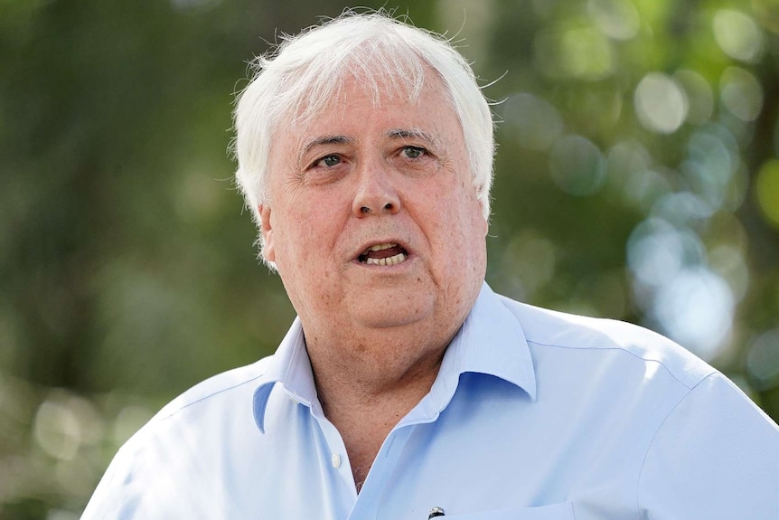 A close up of Clive Palmer wearing a blue business shirt in focus with green trees blurred in the background.